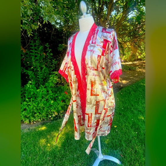 Chic Red and Cream Women's Silk Lace Swim Cover-Up ROBE - Picture 1 of 6